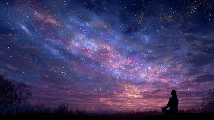 back view of silhouette of female a meditative figure is set against a vibrant cosmic backdrop, symbolizing the connection between energy, mindfulness, and the universe's expansive forces in deep spiritual reflection --chaos 35 --ar 16:9 --stylize 350 --v 7 Job ID: 3a48bd93-3793-423e-afaa-808b25f5030d